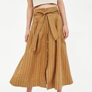 Zara Voluminous Linen Blend Striped Skirt with Bow Detail